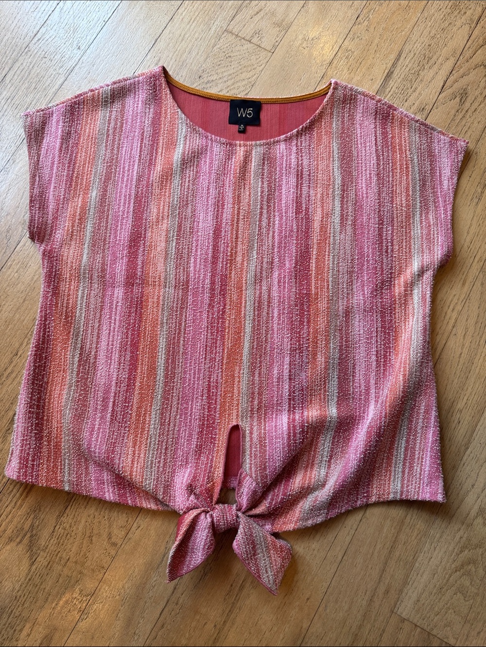 W5 Pink and Coral Striped Tie-Front top, size medium